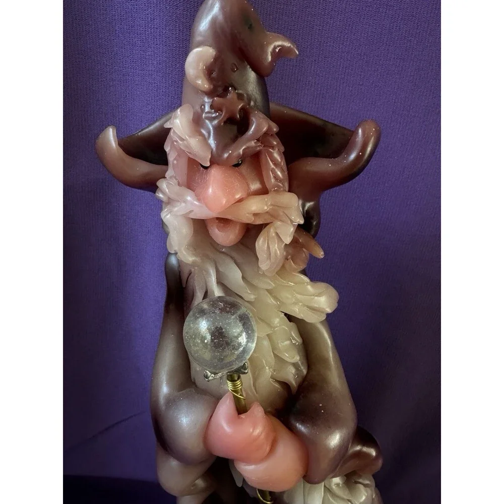 RARE Vintage Northern Lights Wizard Candle 16” Hand Carved-Crystal Orb-Signed